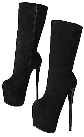 Stivali da donna sexy con stampa leopardata Stivali a metà polpaccio Stivali al ginocchio con cerniera laterale 20 cm Tacchi alti a spillo Discoteca Pole Dancing Prom Party Dress Shoes,Nero,36