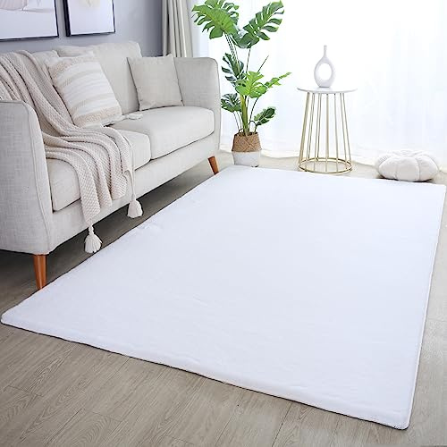 Weicher Hochflor Teppich Wohnzimmer Waschbarer Teppich im modernen Stil Unicolor & Einfarbig Teppich Felloptik Flauschig rutschfest Rechteckig Teppich in Farbe: Weiß, Grösse: 120 x 170 cm