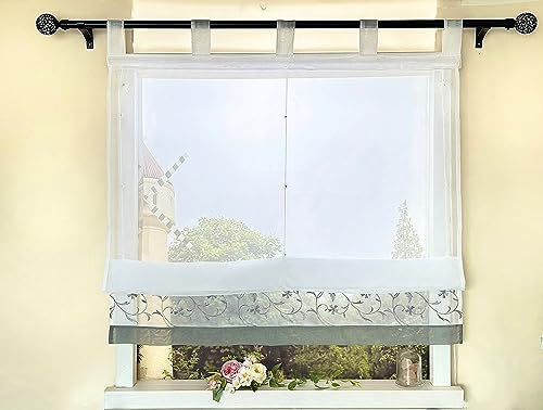 Devola Raffrollo mit Schlaufen Voile Raffrollo Raffgardinen Modern Wohnzimmer Transparent Gardinen mit Stickerei Schlaufenrollo Küche HxB 100x80cm Grau 1 Stück