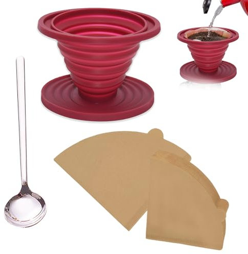 Faltbarer Kaffee-Tropfer mit 50 Kegel Papierfiltern und Kaffeeschaufel, Tragbarer wiederverwendbarer Silikon Kaffee Tropfer für Camping Reisen Zuhause(Rot)