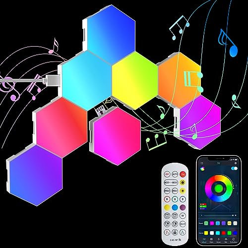 GIACOMO Panneau LED Hexagone Gaming Murale Lampe, 8PCS Sync Avec Musique Smart RGB Modulaires Light avec App Telecommande, Creative Appliques Murales pour Decoration Chambres Salle de Jeux