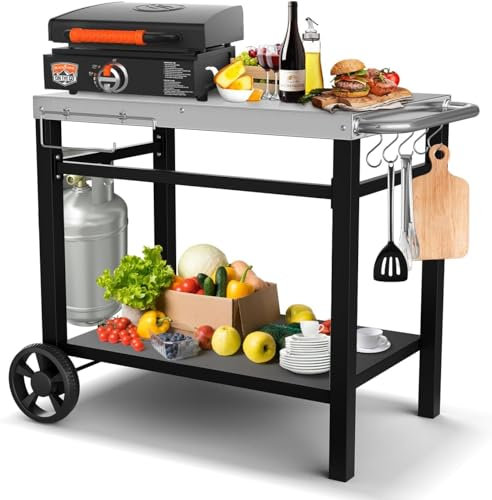 GFTIME Table de barbecue en acier inoxydable avec 2 étages, support de four à pizza, table de barbecue pour l'extérieur, chariot de travail avec 5 crochets, chariot de service extérieur, table