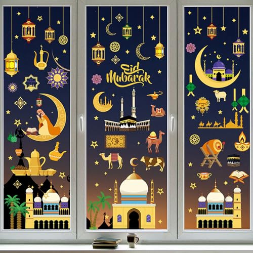 Ramadan Fensteraufkleber,9 Stück Eid Mubarak Fensterbild Set,Stern Mond Laterne Moschee Ramadan Eid Mubarak Dekoration Selbstklebend Fenstersticke für Muslim Party Deko (B Fensteraufkleber)