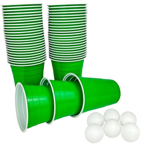 Plastikbecher in grün mit 6 Bällen - grünes Partybecher Set - 50 Premium Trinkbecher (473 ml) in grün + 6 Ping Pong Bälle