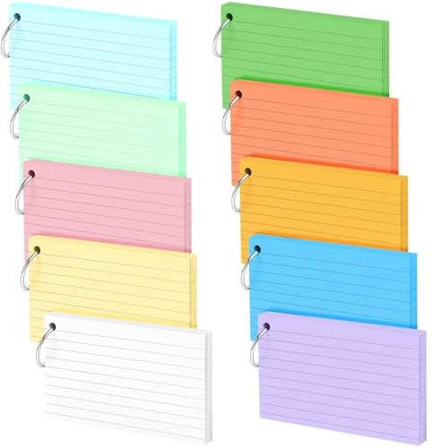10 Pads/500 Pcs Flash Cards Revision Cards, 5 x 3 Inch Double Sided Lined Coloured Index Cards for Office Home School Work Study Memo Message Note Record Pads Flashcards with Rings