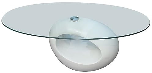 Mengtu Mesa de café con estante ovalado de cristal blanco brillante, mesa de terraza, mesa de comedor, mesa de cocina, mesa de exterior jardín