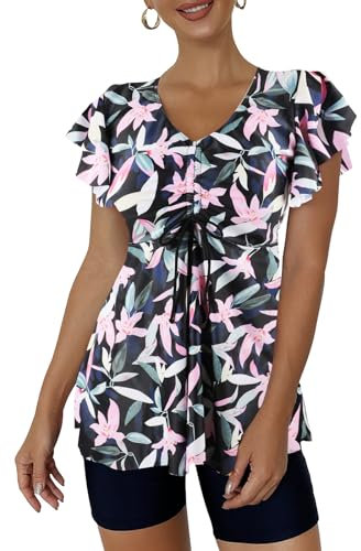 Ecupper Maillot de Bain Femme 2 Pieces Push Up Tankini Set Taille Haute Shorty Col en V Maillot de Bain à Volants Fleur Rose M