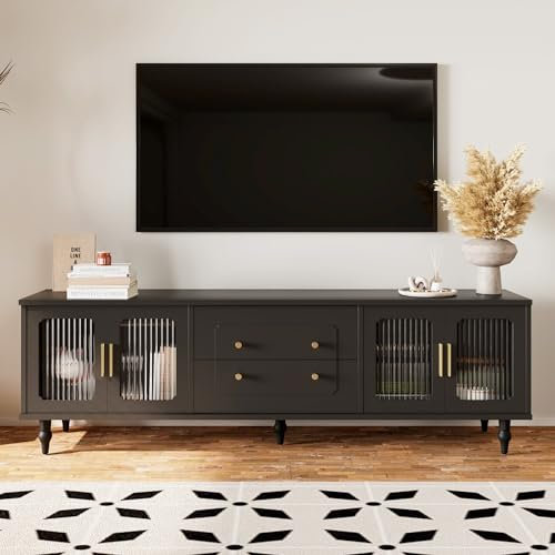 BTM Meuble TV Noir, Meuble TV avec Pieds en métal, Banc TV avec poignées dorées et Beaucoup d'espace de Rangement, pour Salon, Salle à Manger, Chambre,Noir, 175x38x55.5cm