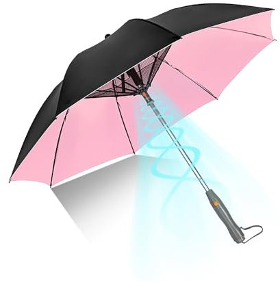 RIXANT Sombrilla Multifuncional con Ventilador y pulverizador, Paraguas portátil Seguro Recargable, Paraguas de Viaje con Ventilador de refrigeración Personal(Pink)