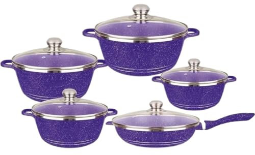 Kitchen Cookware Sets, 5 Pcs Cooking Pot Nonstick Cookware Sets with Glass Lids Aluminium Home Frying Pan Stock Pot Kitchen Supplies Cooking Set Cooking Pots(Purple)