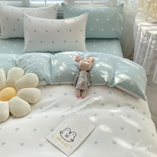 Freyamy Herz Bettwäsche 135x200 Herzen Hellblau Weiß Mädchen Bettwäsche Set