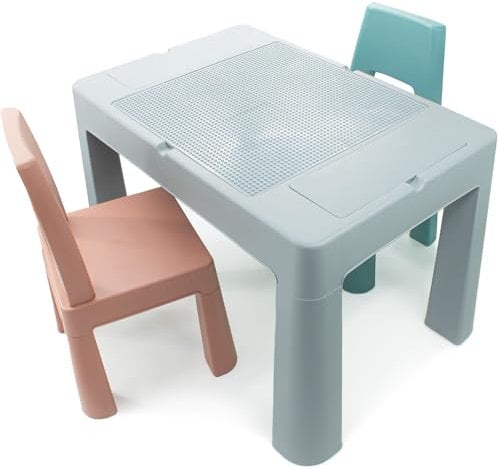 Babykajo Kindertisch mit 2 Stühlen - Spieltisch mit Platte für Noppensteine - kindersitzgruppe Outdoor und Indoor - Kindersitzgruppe