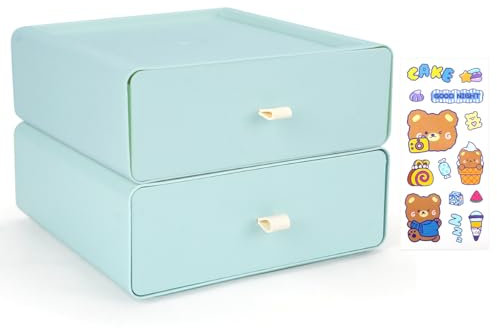 TIE-DailyNec 2 Stück Stapelbare Schubladenboxen, Kosmetik Organizer Schubladenbox, Aufbewahrungsbox mit Schubladen, Make-up Organizer für Schreibtische, Schminktische, Büros (Hellblau)
