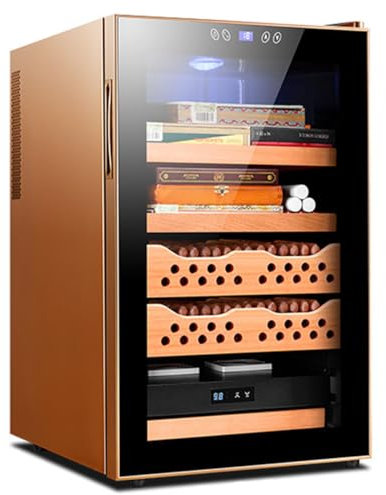 TAHALI Intelligenter elektronischer Zigarrenschrank, elektrischer Zigarren-Humidor-Kühler, gehärtetes Glas, Zedernholzverkleidung und 4-lagige Schubladen,Gold-2+2