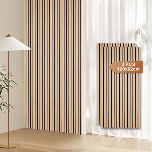Fiqops 3X Akustikpaneele Holz 120x60cm Wandpaneele aus Holzfunier und Filz,Holzpaneele Eichenholz,Wandverkleidung holz für Studio und Zuhause Innenwanddekoration – Großflächige Abdeckung