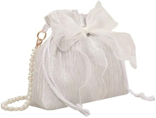 Ymxygz Einkaufstasche Spitze Und Schleife, Kleine Weiße Perlen-handtaschen, Abendtasche, Hochzeit, Braut-, Sommer-Kordelzug-Eimer, Party, Abschlussball, Umhängetaschen
