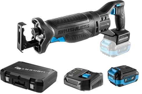 HÖGERT TECHNIK Akku-Säbelsäge Set, 18V Bürstenlos, inkl. 4.0Ah Akku und Schnellladegerät, 0-3000 U/min, 28mm Sägeblatthub, Metallgetriebe, Anti-Vibrationsgriff, ideal für Holz, Metall, Kunststoff