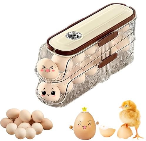 Bailtouk Soporte para Huevos para Nevera, Bandeja para Huevos de 2 Niveles, Dispensador de Huevos Automático Hueveras para Frigorifico con Asa Caja de Almacenamiento de Huevos para 14 Huevos