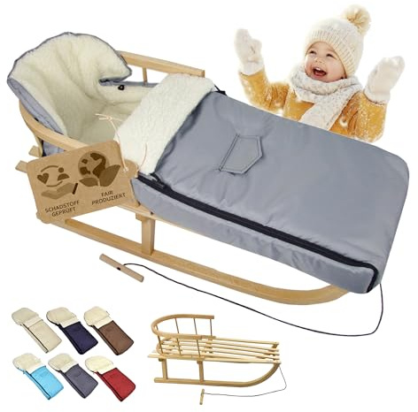 Offre combinée [Luge en bois + chancelière d'hiver universelle 108 cm] Luge avec dossier et corde de traction, chancelière, convient pour porte-bébé, poussette avec laine d'agneau (gris clair (108 cm)