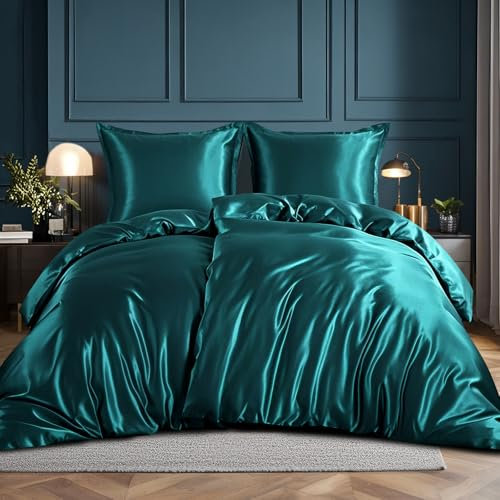 RUIKASI Satin Bettwäsche 135x200 4teilig - Bettbezug Grün mit Glanz wie Seiden Bettwäsche Set Dunkelgrün für Haar und Haut, Glänzend Bettwäsche 135x200cm mit Reißverschluss und Kissenbezug 80x80cm