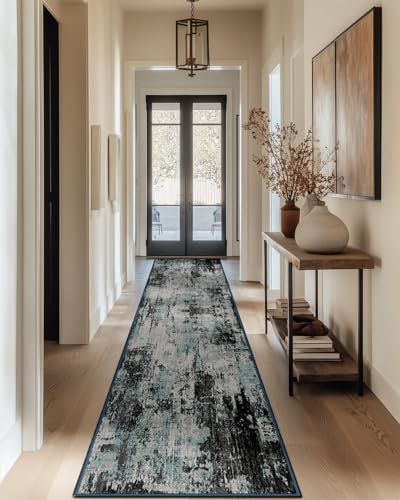 DEFYNEE Teppich Läufer 60 x 240 cm, rutschfest Teppichläufer, Kurzflor Küchenläufer, Waschbar, Faltbar, Abstraktes Design für Eingang, Küche, Wohnzimmer & Büro, Blau-Schwarz