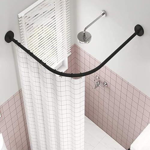Ausziehbare, Gebogene Duschvorhangstange, Duschvorhangstangen mit Federspannung in Schwarz, L-förmige, Gebogene Duschstangen-Spannstange, Eckdusche aus Edelstahl 304(C 90-130cm x90-130cm)