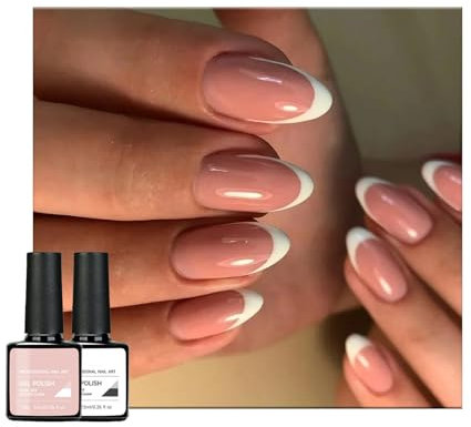 2 PCS Gel Nail Polish Set, White & Nude Pink Gel Nail Polishes, French Tip Manicure Nail Polish set, Long Lasting Natural Nail Varnishes, Soak off LED/UV Lamp DIY Nail Art Salon Gift for Women