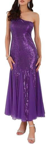 WOMLAYOUT Femme Robe de Cocktail à Sequins Une Épaule 2025 | Motif Pailleté Brillant Soirée Fête Mariage Choix Mi Habillé Élégant