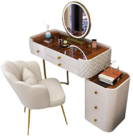 Kosmetikspiegel mit Beleuchtung Kommode Modernes Schlafzimmer Glastisch Tisch kleiner Apartment -Lagerschrank mit Lagerschrank, Hocker, Spiegel Kosmetiktisch mit Schreibtisch für Schlafzimmer