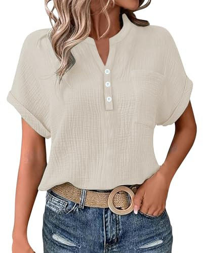 Cocila Ladies Tops 2025 Women's Summer Cotton Linen Cap Sleeve T-Shirt Button V Neck Henry Collar Tunic Tops Fashion Baggy Solid Plain Casual Shirts Trendy Blouse with Pocket
