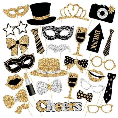 30 Pezzi Accessori Photo Booth, Accessori per Foto Booth Nero Oro, Decorazione per Feste Matrimonio, Compleanno, Carnevale, Natale, Decorazione Tavolo, Photo Booth Decorazione, Gadget per Foto