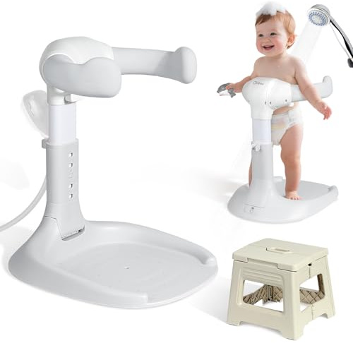 Orzbow Plegable 2 en 1 Soporte de Bañera para Bebé con Asiento, Sin Instalación, Base Estable Antideslizante, 5 Alturas Ajustables para 6-36 Meses, Apoyo Para El Baby Shower para Jugar Y Viajar, Gris