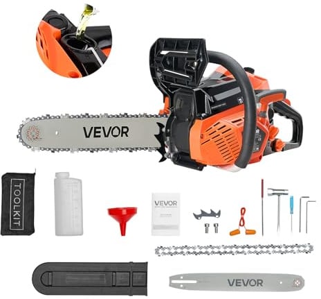 VEVOR Motosierra de Gasolina de 355 mm, Motosierra de Gasolina de 40 cc, 1,8 HP con Mango Antideslizante, Doble Depósito de Combustible, Ideal para Cortar Madera, Podar Árboles y Limpiar Terrenos