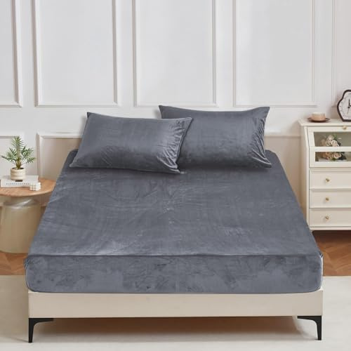 YASMENG Winter Plüsch Spannbettlaken 90x200cm Grau Anthrazit Warm Kuschel | Fleece Bettlaken 90x200cm Weich Kuschelig Samt Flauschige Spannbettlaken Boxspringbett Geeignet für 30cm Matratze