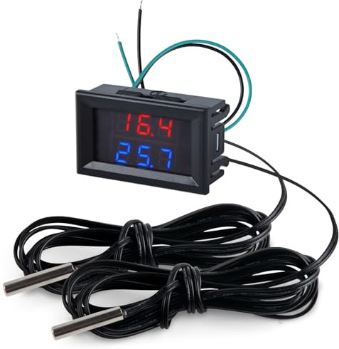 FBBULES Dual Display LED Digitales Thermometer mit 2 Wasserdichten Metallsonden, DC 4-28V Temperatursensor für Aquarium Fischbecken Kühlschrank, mit 3M Sensorleitung, Rot&Blau