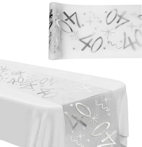 Tischdeko Geburtstag 40 Mann Frauen 28cm × 10m Tischdecke Silber | Tischläufer Rolle Glänzend Silberfolie Tischband aus Dekostoff Netz Happy Birthday für Party Deko Geschenke DIY Basteln