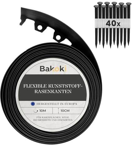 BAKOKI Flexible Rasenkante (10 m | 40 Erdanker | 10 cm Höhe) Schwarz Kunststoff Wetterbeständige Rasenabgrenzung Beeteinfassung Rund - Blumenbeet Umrandung - Mähkante