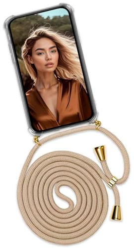 ONEFLOW Handykette für Google Pixel 9a Hülle mit Band, Handyhülle mit Kette abnehmbar, Handyband zum Umhängen, Handy Umhängeband Lange Handykordel, Twist Case – Gold Beige