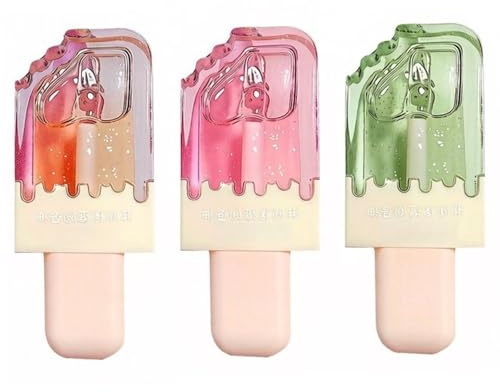 3 Set Eiscreme Lipgloss mit Glitzer, Fruchtiges Lippenöl Set für Mädchen & Frauen, Feuchtigkeitsspendender Lip Gloss in Avocado, Orange & Pfirsich, Langanhaltendes Glossy Finish, 3 x 4g