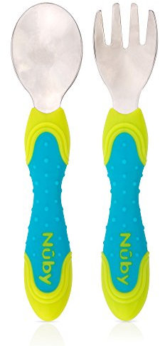 Nuby 2 Piece Stainless Steel Utensil, Blue/Green, 2 Count