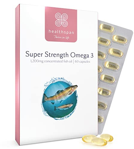 Healthspan Super Strength Omega 3 1,200mg | Brain, Heart & Eye Health | 240mg DHA & 360mg EPA per Capsule| Highly Purified to Remove Toxins | Sustainably Sourced Fish Oil (60 Capsules)