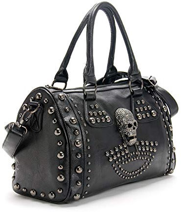 KEEPOP Damen-Handtasche mit Nieten, aus Leinen, Punk-Handtasche mit Schultergurt, Crossbody-Tasche, großes Fassungsvermögen, Schwarz, Mit Totenkopf-Nieten,