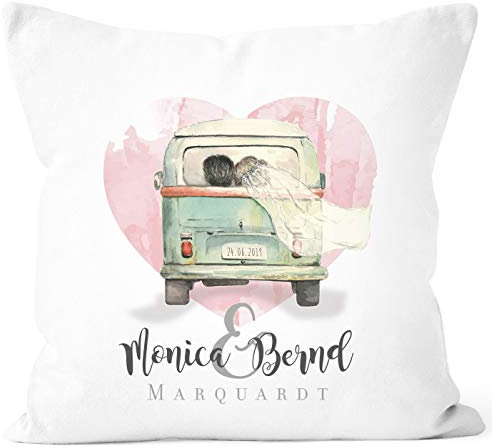 SpecialMe® Personalisierbares Kissen zur Hochzeit, Hochzeitskissen Camping Van Bus Hochzeitsgeschenk, Kissenhülle weiß Unisize