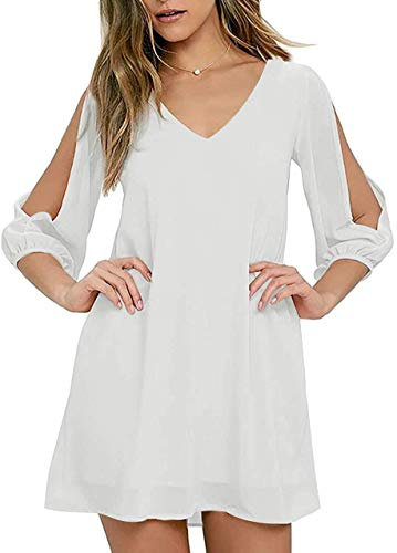 Brosloth Robe Femme Chic et Èlégante, Jupe D'été Casual en Mousseline à Épaules Dénudées, RobeBohèmes Taille Haute à Manches Longues, Mini Col V Robe de Cocktail Blanc M