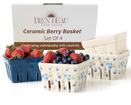Farmhouse Keramik-Beerenkorb, Sieb, Farmers Market quadratische Schüssel rustikale Küchendekoration Obstschalen Obstkörbe Bleu Weiß und Blaubeere Muster Steingut Ernteschalen Set von 4