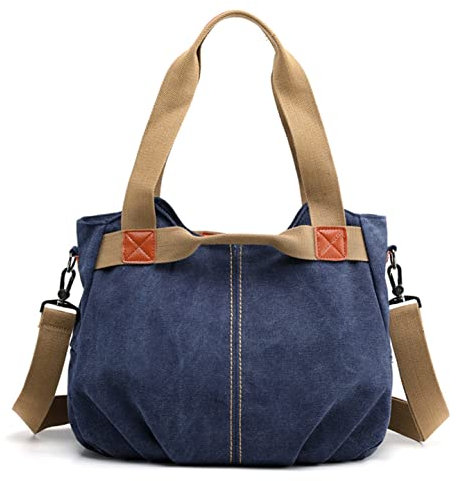 FANDARE Leinwand Handtaschen Schultertasche Damen Umhängetasche Vintage Frauen Arbeitstasche für Shopper Reisen Crossbody Messenger Bag Blau A