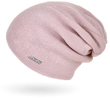 Neverless® Damen Mütze Herbst Strick-Beanie ungefüttert Feinstrick Glitzer Slouch einfarbig Uni rosa Unisize