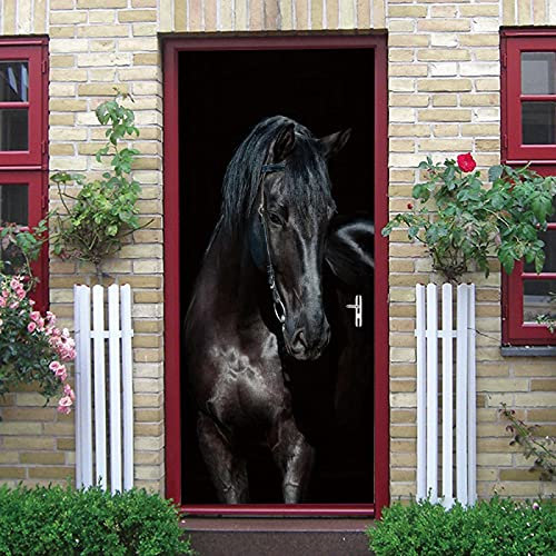LuSeven stickers paroi de douche Noir animal cheval 50x125cm(19.68 inches * 49.21 inches) Autocollant Porte 3D Stickers De Porte Pvc Imperméable Auto-Adhésif Trompe L'Œil Décoration Papier Peint Mural