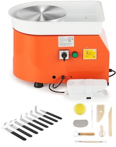 CREWORKS 350W Macchina per Rotella di Ceramica da 25 cm Tornio per Ceramica Elettrico, Tornio per Argilla a velocità Regolabile con Strumenti per Scolpire e Il Pedale per Bambini Adulti