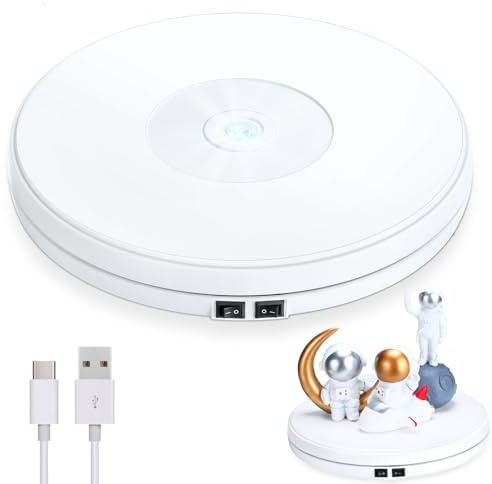 Tuanse 10 Inch Electric Motorized Rotating Turntable Cup Display Stand with LED, 44 lb Centric Loading for Table, 360 Degree Product Display Stand for Shop Jewelry Photography Video(White)